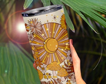 Mystical Sun and Moon Tumbler, Retro Botanical Moon Phase Tumbler, Mushroom Moon Tumbler, Mystical Coffee Mug, Floral Cottagecore Travel Cup