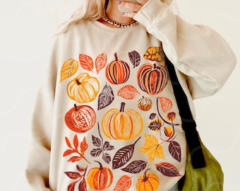 Vintage Linocut Pumpkin Sweatshirt Fall Festival Crewneck Thanksgiving Boho Autumn Sweater Cottagecore Pullover Botanical Block Print Shirt
