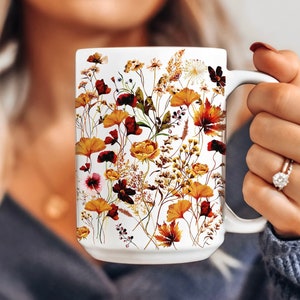 Pressed Flowers Mug, Boho Wildflowers Cottagecore Coffee Mug, Vintage Botanical Tea Cup, Pastel Floral Nature Mug, Flower Garden Lover Gift