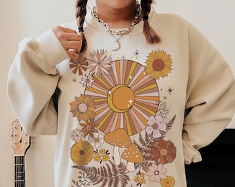 Bohemian Retro Sun Moon Stars Sweatshirt, Boho Floral Pullover, Mystical Mushroom Tee, Botanical Celestial Pullover, Cottagecore Sweatshirt