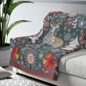 Scandinavian Folk Art Throw Blanket Norwegian Folk Art Boho Plush