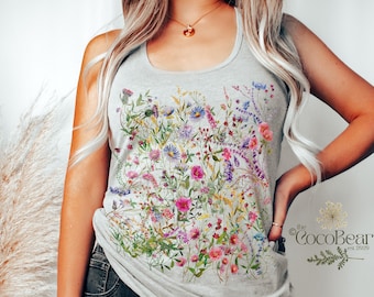 Vintage Pressed Flowers Tank Top, Boho Cottagecore Shirt, Pastel Botanical Floral Tank, Fairycore Wildflowers Tshirt, Floral Gym Tank Top