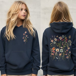 Pressed Flowers Youth Hooded Sweatshirt, Boho Cottagecore Pastel Botanical Floral Pullover Shirt Fairycore Girls Wildflowers Crewneck Hoodie zdjęcie 1