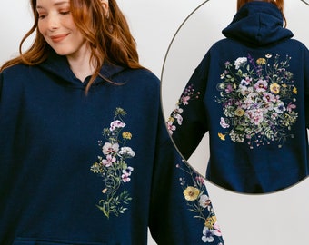 Vintage gepresste Blumen Kapuzen-Sweatshirt, Boho Cottagecore Pastell Botanischer Blumen Pullover Fairycore Übergroßer Wildblumen Rundhalsausschnitt Hoodie