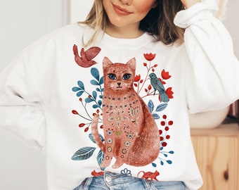 スカンジナビア スウェットシャツ、フォークアート キャット スウェットシャツ、北欧フォークアート クルーネック スウェットシャツ、スカンジナビア クリスマス シャツ、フォークアート バード セーター