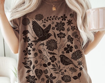 Linocut Birds & Flowers Shirt: Comfort Colors Cotton Cottagecore Garden Tshirt
