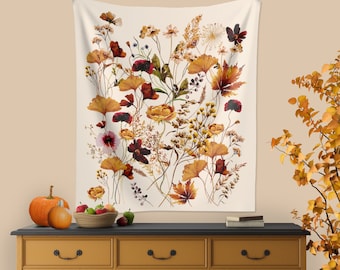 Autumn Pressed Wildflowers Tapestry, Boho Vintage Decor, Hippie Floral Wall Art, Fall Cottagecore Wall Hanging, Watercolor Botanical Print