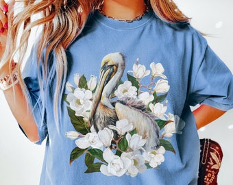 Chemise Louisiana Bayou Comfort Colors, chemise Cottagecore Pelican, t-shirt botanique vintage, t-shirt floral Ocean Beach, t-shirt vacances surf nature