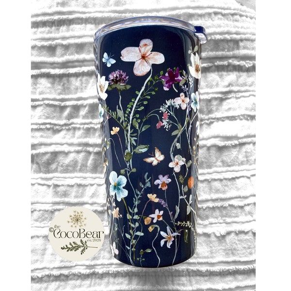 Vintage Pressed Flower Tumbler, Boho Cottagecore Tumbler, Pastel Floral Tumbler, Wildflower Coffee Mug, Garden Flower Lover 20oz Travel Cup