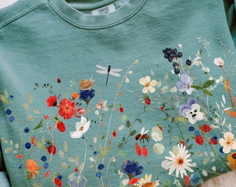 Felpa vintage con fiori pressati, colori comfort, maglione girocollo Boho Cottagecore, maglione floreale botanico da giardino, maglione Fairycore con fiori selvatici