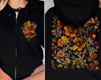 Pressed Flowers Zip Hoodie Full Zip Cottagecore Autumn