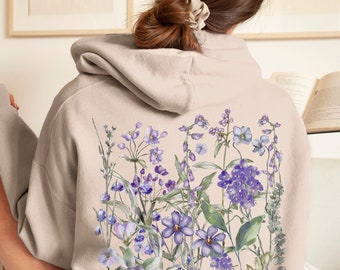Vintage Pressed Flowers Hooded Sweatshirt, Boho Cottagecore Pastel Botanical Floral Pullover Fairycore Oversized Wildflowers Crewneck Hoodie