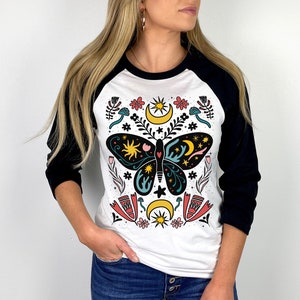 Scandinavian Folk Art Raglan Shirt, Cottagecore Shirt, Mystical Butterfly 3/4 Sleeve Vintage Baseball Tee, Nordic Botanical Mushroom Tshirt