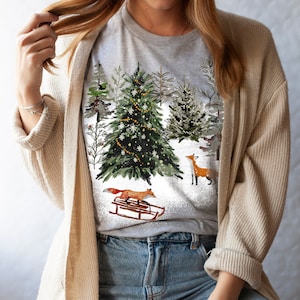 Christmas Woodland Animals Shirt, Magical Forest Fox Tshirt, Forestcore Naturecore Aesthetic Tee, Gift for Nature Lover, Pine Trees T-Shirt