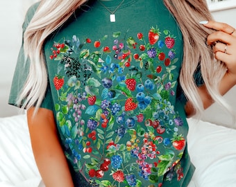 T-shirt Cottagecore Berry Comfort Kleuren Aardbei Shirt Zomer Bosbessensweatshirt Frambozenprint T-shirt Botanisch T-shirt Tuinliefhebber Cadeau