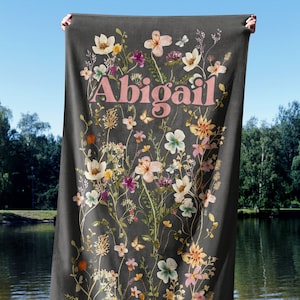 Pressed Wildflowers Custom Beach Towel Personalized Cottagecore Flowers Pool Towel Boho Dorm College Botanical Towel Vacation Towel Floral