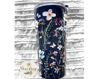 Vintage Pressed Flower Tumbler, Boho Cottagecore Tumbler, Pastel Floral Tumbler, Wildflower Coffee Mug, Garden Flower Lover 20oz Travel Cup