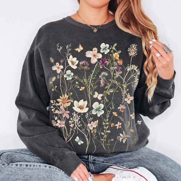 vintage fleurs pressées confort couleurs sweat-shirt Cottagecore ras du cou floral pull botanique surdimensionné t-shirt fleurs sauvages fairycore