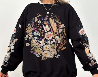 Vintage geperst bloemen sweatshirt, Boho Cottagecore ronde hals, pastel botanische bloementrui, Fairycore oversized wilde bloemen sweatshirt