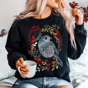 Scandinavian Folk Art Sweatshirt, Folk Art Bird Sweatshirt, Norwegian Folk Art Sweater, Nordic Botanical Sweatshirt, Oversized Sweatshirt