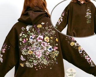 Vintage Pressed Flowers Hooded Sweatshirt, Boho Cottagecore Pastel Botanical Floral Pullover Fairycore Oversized Wildflowers Crewneck Hoodie