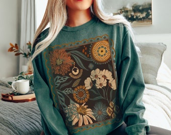 Sudadera floral bohemia: cuello redondo botánico vintage con colores cómodos