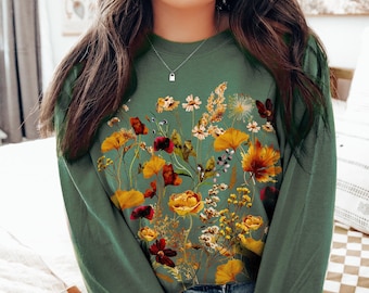 Chemise Wildflower Cottagecore : t-shirt fleuri à manches longues Comfort Colors