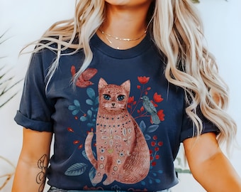 Scandinavian Folk Art Cat T-Shirt: Boho Botanical Design
