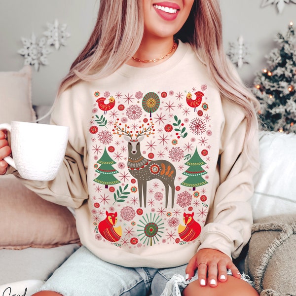 Scandinavian Christmas Sweatshirt, Norwegian Folk Art Sweater, Cottage Core Hygge Botanical Sweatshirt, Women Oversized Sweatshirt, Vintage