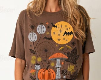 Linocut Fall Botanicals & Bats Shirt, Comfort Colors® Wildflower Shirt, Spooky Season Floral Tee, Vintage Pressed Dried Flowers Tshirt Gift