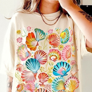 Vintage Seashells Tshirt Comfort Colors Cotton Cottagecore Aesthetic Shirt Nautical Tee Ocean Swimsuit Coverup Oversized Coastal Surf Shirt