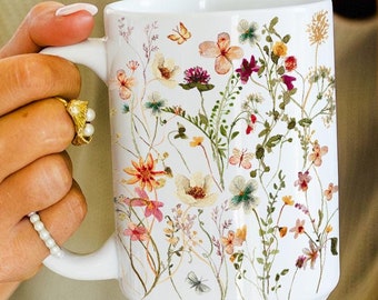 Pressed Flowers Mug, Boho Wildflowers Cottagecore Coffee Mug