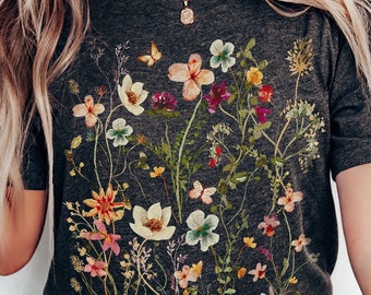 T-shirt geperste bloemen, boho-wildflowers cottagecore-shirt, oversized vintage botanisch T-shirt, pastel bloemen natuurshirt, shirt tuinliefhebber, shirt tuinliefhebber