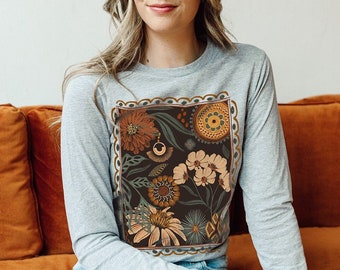 Boho Fall Floral Long Sleeve Tshirt, Cottagecore Tee, Nature Shirt, Wildflower Garden T-Shirt, Flower Lover Gift, Botanical Fall Clothing