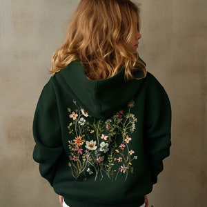 Pressed Flowers Youth Hooded Sweatshirt, Boho Cottagecore Pastel Botanical Floral Pullover Shirt Fairycore Girls Wildflowers Crewneck Hoodie Forest Green