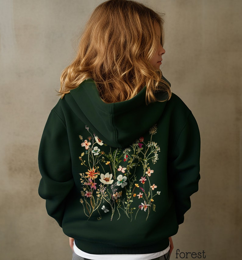 Pressed Flowers Youth Hooded Sweatshirt, Boho Cottagecore Pastel Botanical Floral Pullover Shirt Fairycore Girls Wildflowers Crewneck Hoodie Forest Green