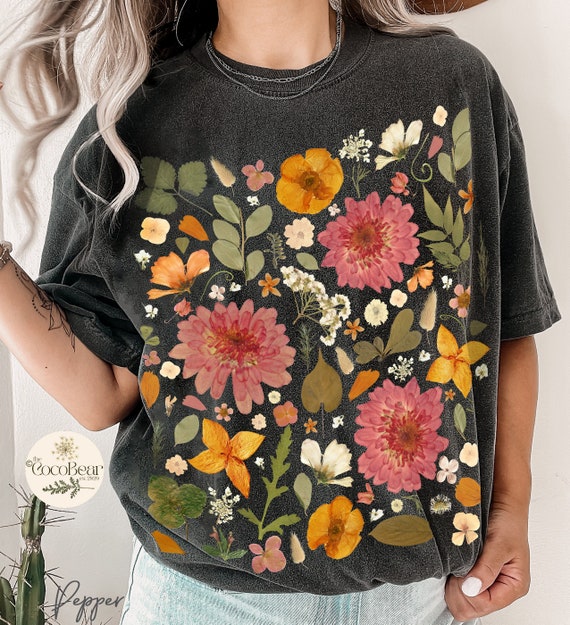 Vintage Pressed Flowers Comfort Colors Tshirt Boho Wildflowers 