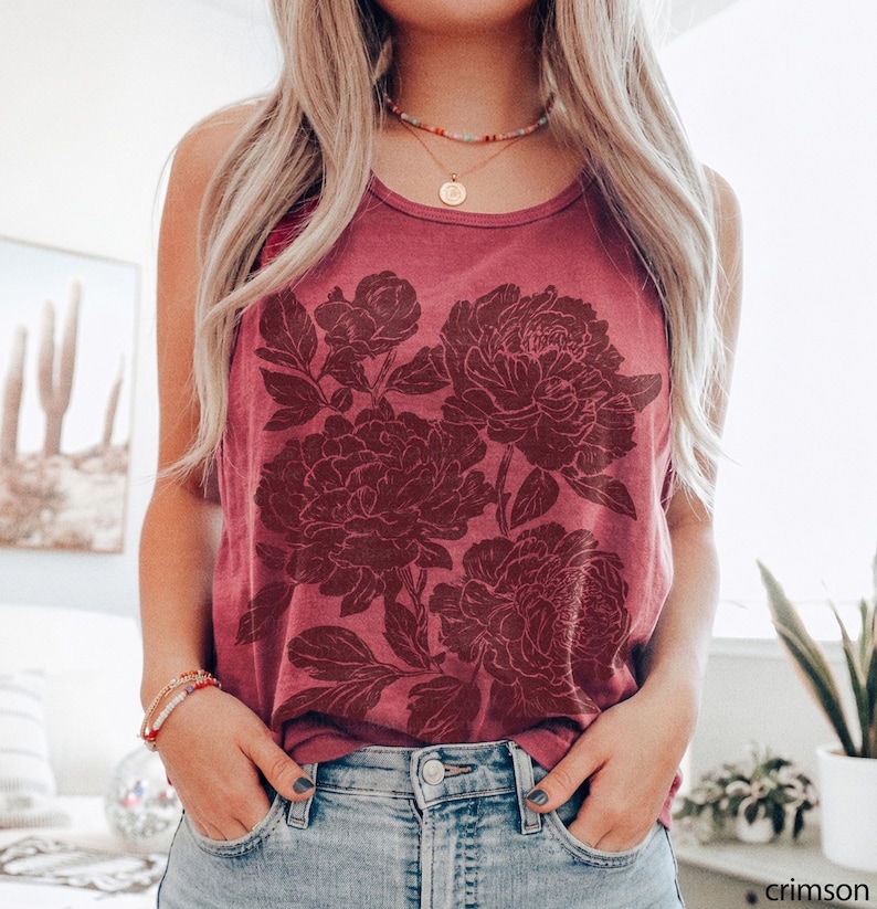 Vintage Linocut Flower Tank Top, Comfort Colors Peonies & Ranunculus Tee, Trendy Summer Tank Top, Block Print Floral Shirt, Cottagecore Tank Crimson