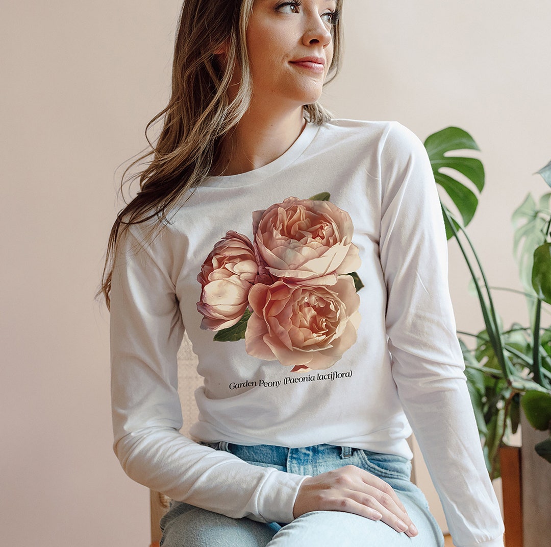 Camiseta de manga larga de peonía, camisa de campo de flores