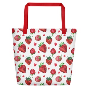 Cute Strawberry Print Tote Bag Cotton Grocery Bag Reusable Market Bag ...