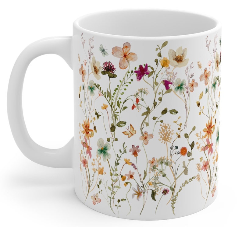 Pressed Flowers Mug, Boho Wildflowers Cottagecore Coffee Mug, Vintage Botanical Tea Cup, Pastel Floral Nature Mug, Flower Garden Lover Gift image 4