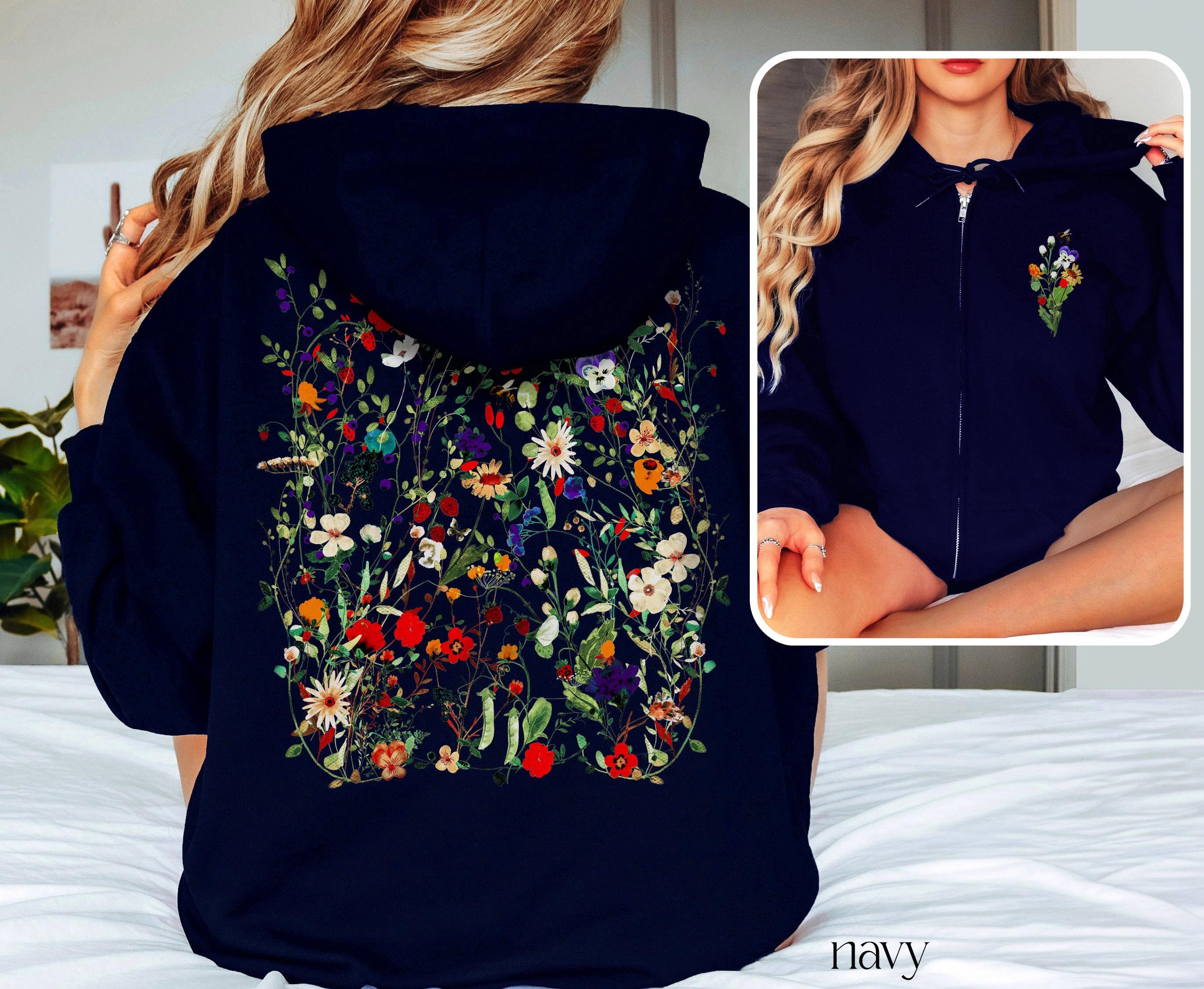 Pressed Flowers Zip Hoodie Cottagecore Sweatshirt Floral Fleece Jacket ...