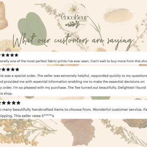 May include: A beige background with floral and leaf accents, featuring customer reviews with star ratings. Text includes "What our customers are saying" and positive feedback about fabric prints, customer service, and handcrafted items.