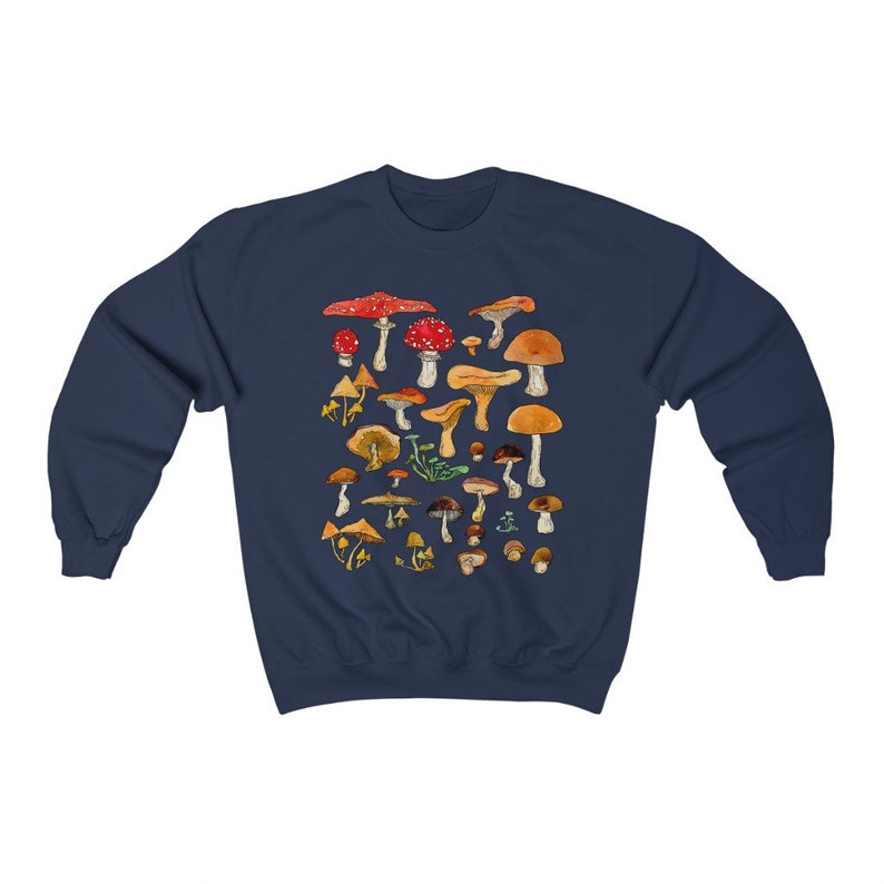 Forest Fungi Vintage Sweatshirt, Cottagecore Woodland Sweater, Nature Lover Oversized Crewneck, Mushroom Botanical Top, Foraging Pullover Navy
