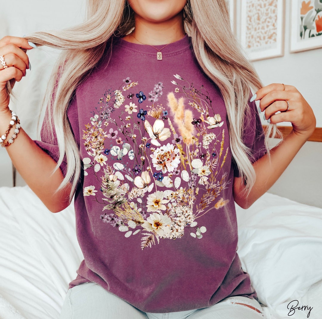 Pressed Flowers Comfort Colors Tshirt, Boho Wildflowers Cottagecore ...