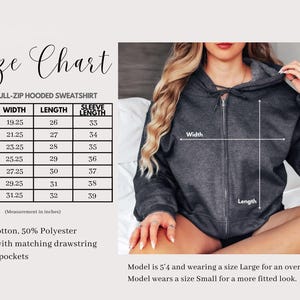 May include: Size chart for a unisex full-zip hooded sweatshirt. The chart shows width, length, and sleeve length measurements in inches for sizes S through 4XL. The sweatshirt is 50% cotton and 50% polyester, has a hood with a matching drawstring, and pouch pockets.