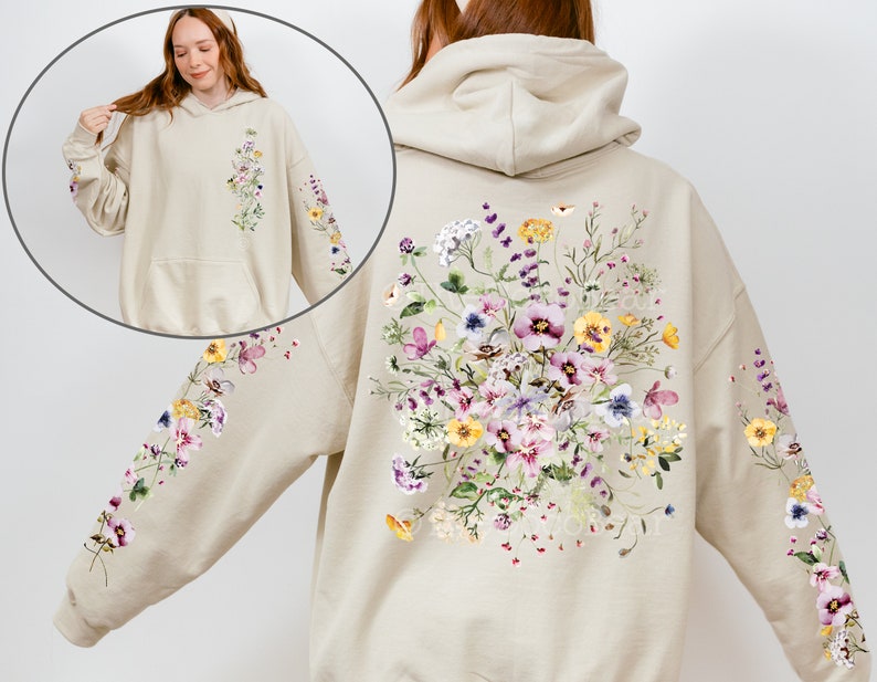 Vintage Pressed Flowers Hooded Sweatshirt, Boho Cottagecore Pastel ...