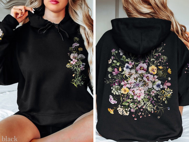 Vintage Pressed Flowers Hooded Sweatshirt, Boho Cottagecore Pastel ...