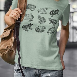Puede incluir: Camiseta verde claro con ilustraciones detalladas en blanco y negro de varias especies de ranas. La camiseta se combina con vaqueros azules. Se ve un bolso de hombro marr&oacute;n.
