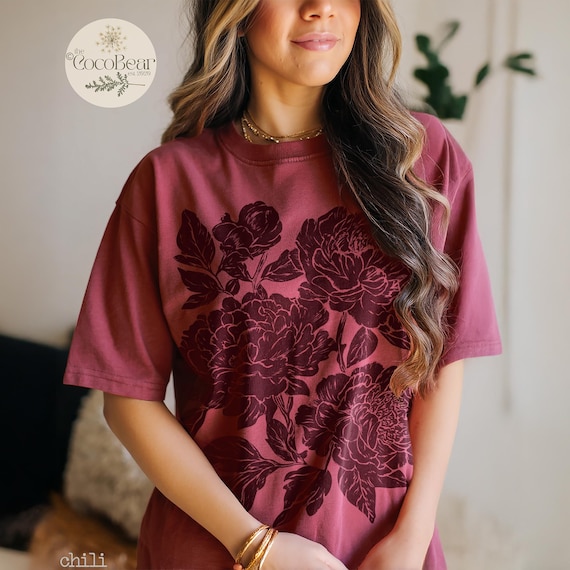 Vintage Linocut Flower Shirt: Comfort Colors Peonies & Ranunculus Tee